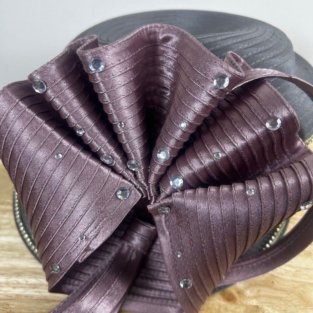 Susanna Womens Church Dress Hat Gray Purple Bow Rhinestone Derby Wedding - Picture 3 of 8